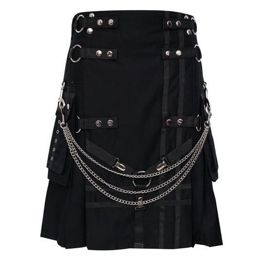 TRUESAGA - Black Deluxe Utility Fashion Kilt with Chain 100% Cotton 16-oz