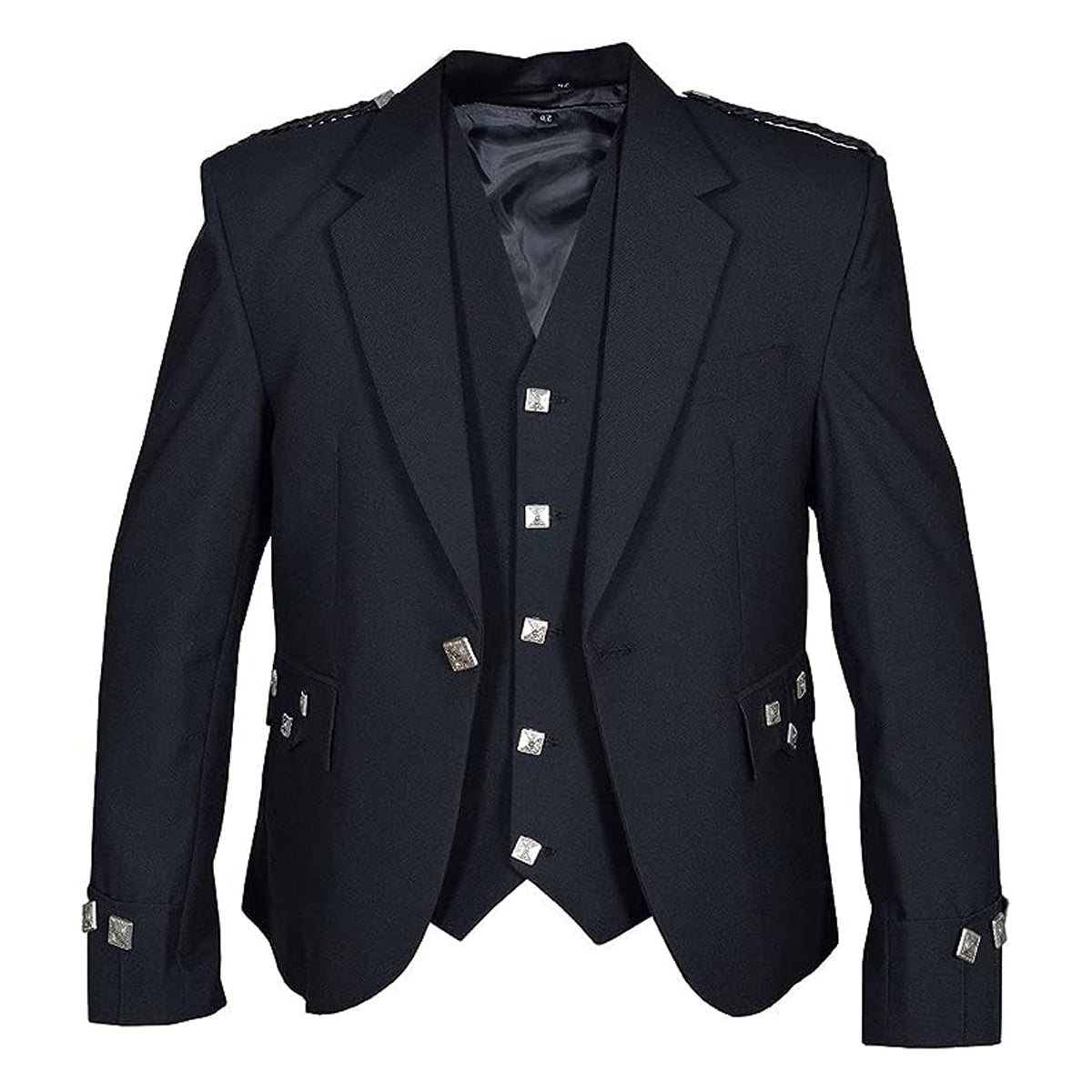 TRUESAGA - Scottish Black Argyll Kilt Jacket Finest Quality Barathea Wool Fabric With 5 Button Vest