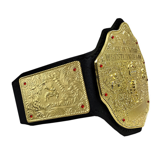 TRUESAGA - Big Gold Wrestling Championship Belt Class One Replica - Adult Waist Size Up to 46" - 4mm Metal Plate Genuine Leather Base