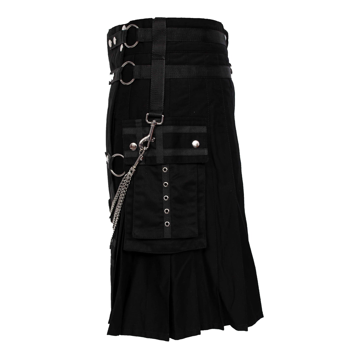 TRUESAGA - Black Deluxe Utility Fashion Kilt with Chain 100% Cotton 16-oz