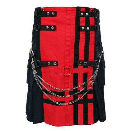 TRUESAGA - Red & Navy Deluxe Utility Fashion Kilt with Chain 100% Cotton 16-oz